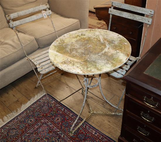 A circular metal garden table and a pair of folding chairs Table 54cm diameter